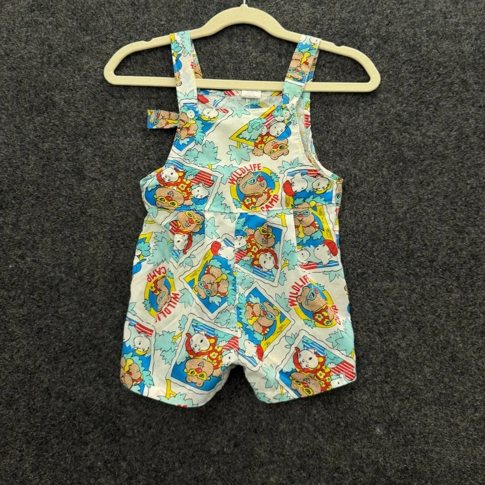 Vintage 80s Wildlife Camp Baby Shortall Novelty Print Sunsuit 12 Months White